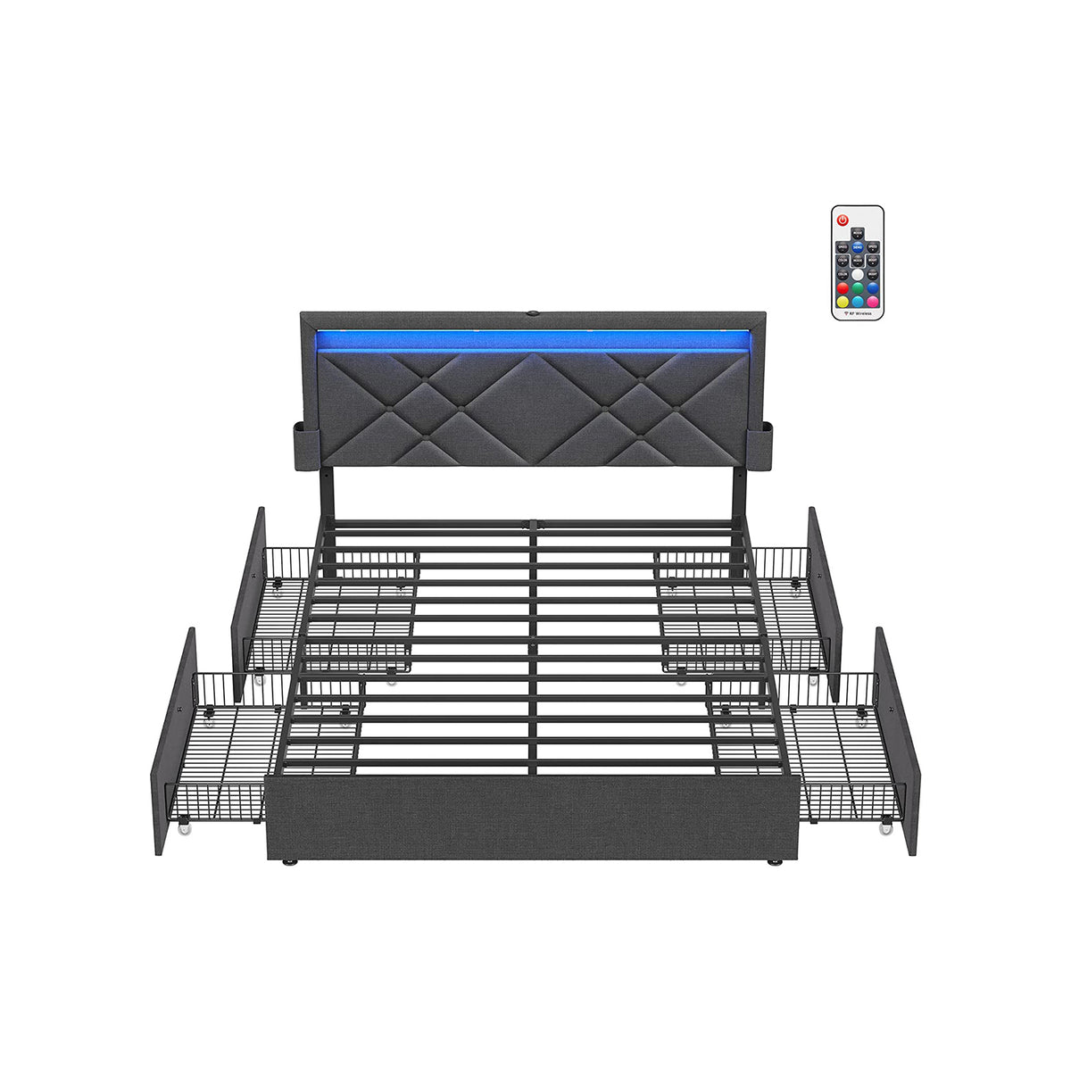 VASAGLE LED Bed Frame Queen Size with Headboard and 4 Drawers